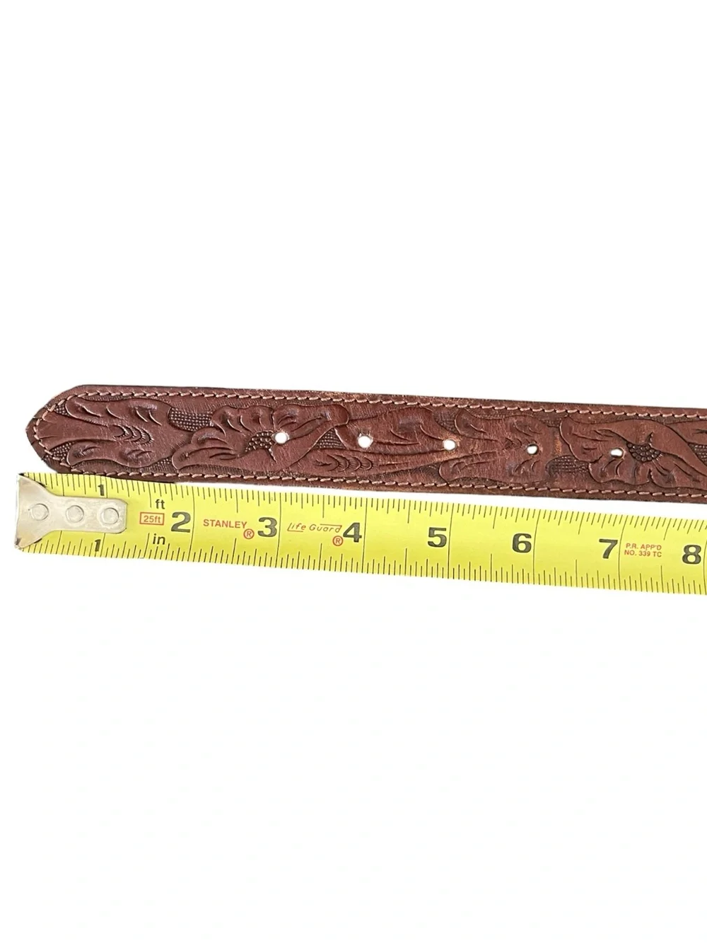 Brown Leather Floral Print Tooled Belt with Gold Finish Country Western Boho